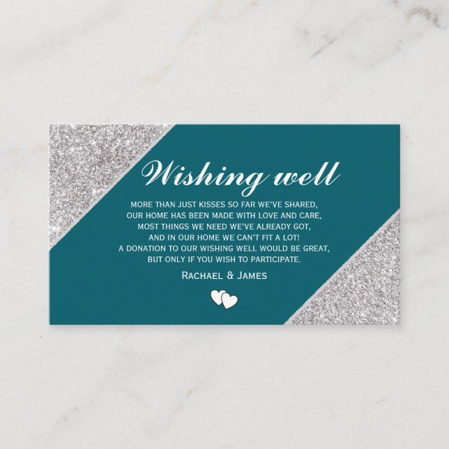 Tarjeta De Recepción Purpurina plateado sobre el Verde azulado Deseos (Anverso)