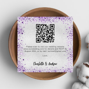 Tarjeta De Recepción Purpurina púrpura plateado código QR boda RSVP