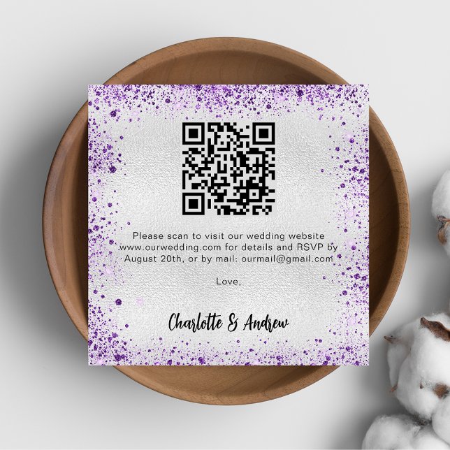 Tarjeta De Recepción Purpurina púrpura plateado código QR boda RSVP (Subido por el creador)