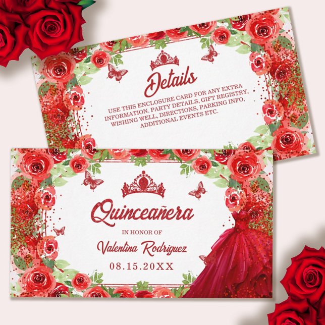 Tarjeta De Recepción Purpurina Rojo Floral Sparkle Quinceanera (Red Glitter Floral Sparkle Quinceanera Enclosure Card)