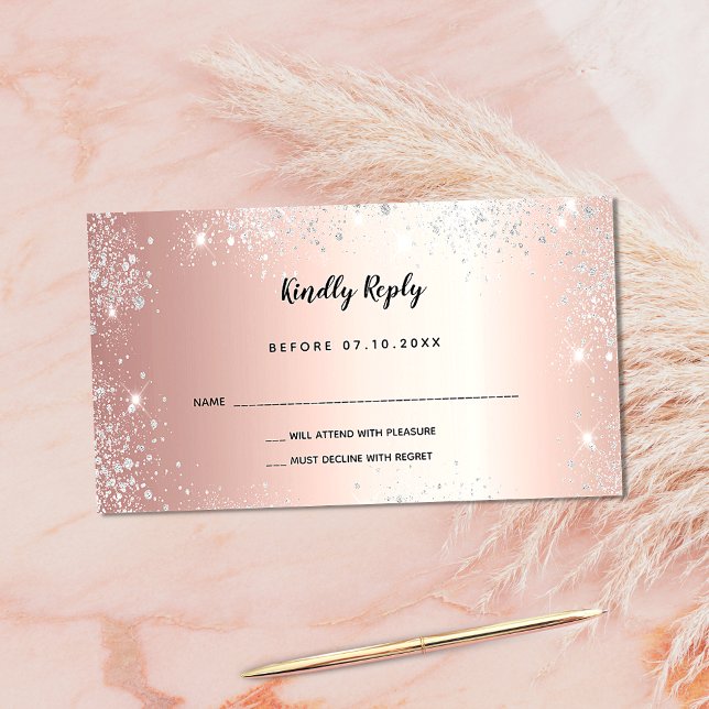 Tarjeta De Recepción Purpurina rosa de cumpleaños de plata fiesta RSVP (Subido por el creador)