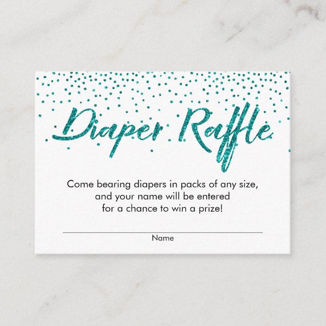 Tarjeta De Recepción Purpurina verde azulado Confetti Script Diaper Raf (Anverso)