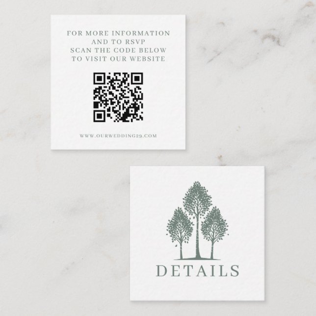 Tarjeta De Recepción QR Boda de árbol de pluma verde sage (Anverso / Reverso)