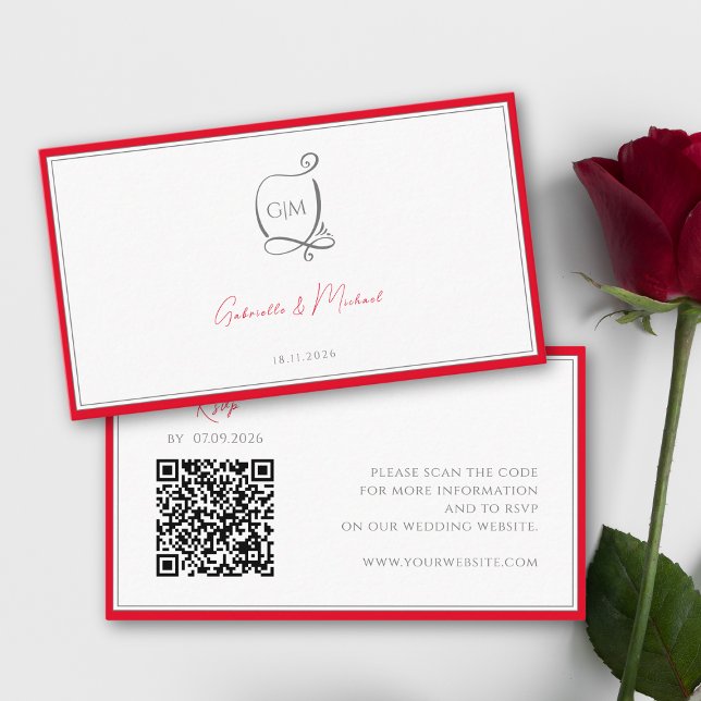 Tarjeta De Recepción QR Cherry Red Simple Elegante Monograma RSVP Boda (Subido por el creador)