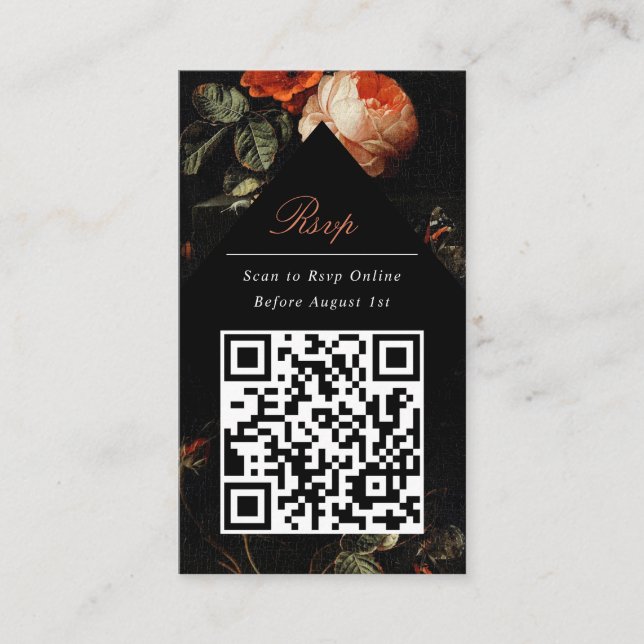 Tarjeta De Recepción QR Code Dark Moody Black Floral Website RSVP (Anverso)
