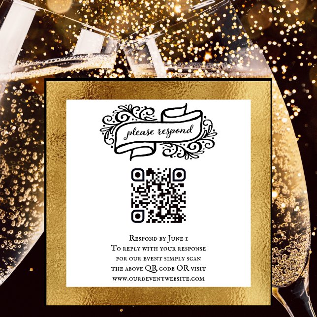 Tarjeta De Recepción QR Code Gold Evento de Fiesta blanco negro RSVP (Elegant Unique QR code to send to guests. RSVP card for birthdays and other special events. )