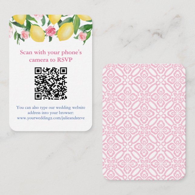 Tarjeta De Recepción QR Code Lemons Pink and White Online RSVP (Anverso / Reverso)