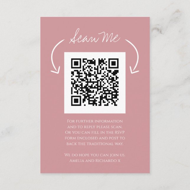 Tarjeta De Recepción QR code wedding website monogram pink scan reply (Reverso)