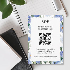 Tarjeta De Recepción QR Código azul acuarela Boda floral RSVP