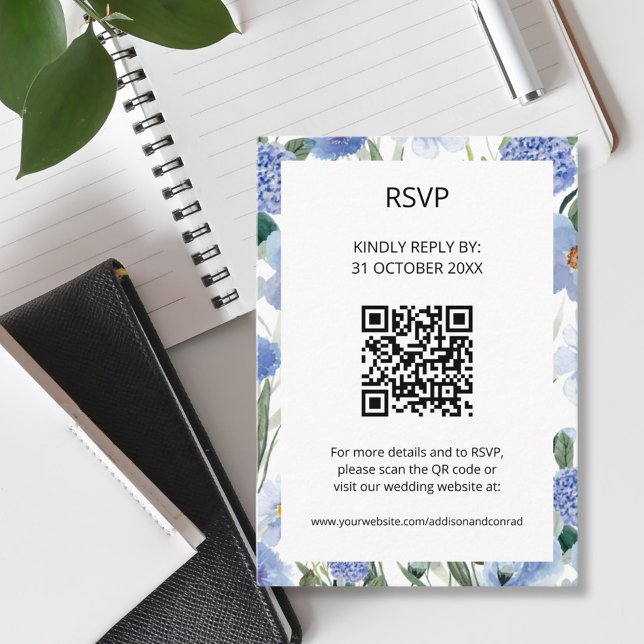 Tarjeta De Recepción QR Código azul acuarela Boda floral RSVP (Subido por el creador)