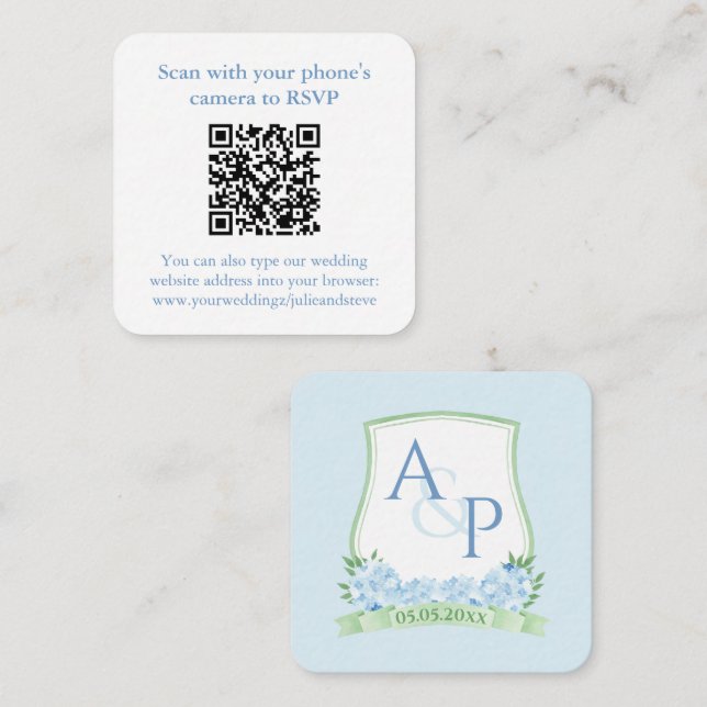 Tarjeta De Recepción QR Código azul pálido Sap Verde Boda Monograma RSV (Anverso / Reverso)