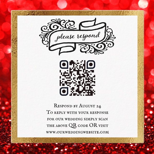 Tarjeta De Recepción QR Código Oro Boda Blanca Negra RSVP (Elegant RSVP card with QR code. Perfect for weddings and special events. )