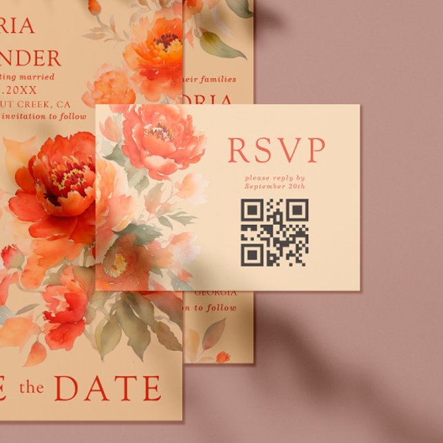 Tarjeta De Recepción Qr Código Quemar Boda Floral Naranja Quemada RSVP (Subido por el creador)