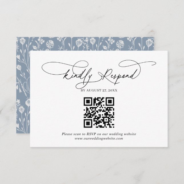 Tarjeta De Recepción QR Código Script Floral Dusty Blue Wedding Rsvp (Anverso / Reverso)