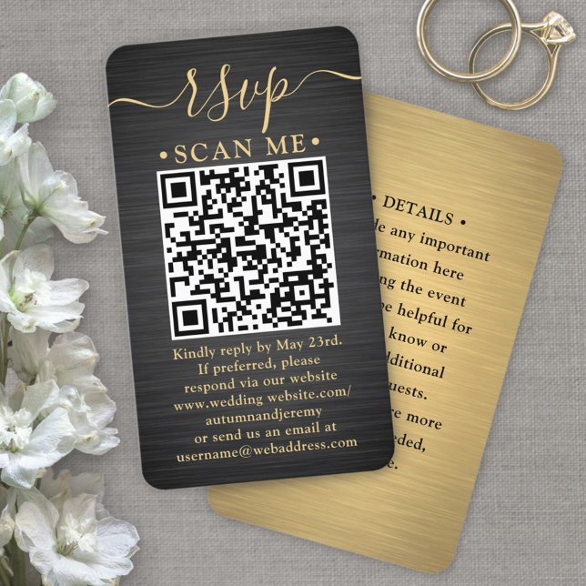 Tarjeta De Recepción QR RSVP & Details Brushed Black & Gold Boda (Subido por el creador)