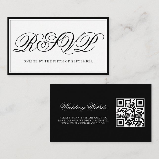 Tarjeta De Recepción QR RSVP elegante en blanco y negro (Anverso / Reverso)