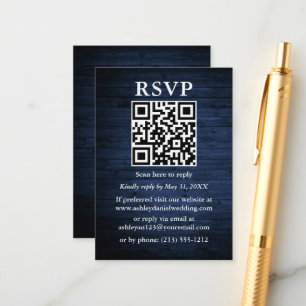 Tarjeta De Recepción QR Wedding RSVP de la Madera Azul Rústica
