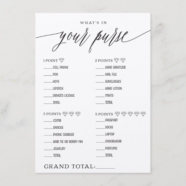 Tarjeta De Recepción ¿Qué hay en tu bolso? (Anverso)