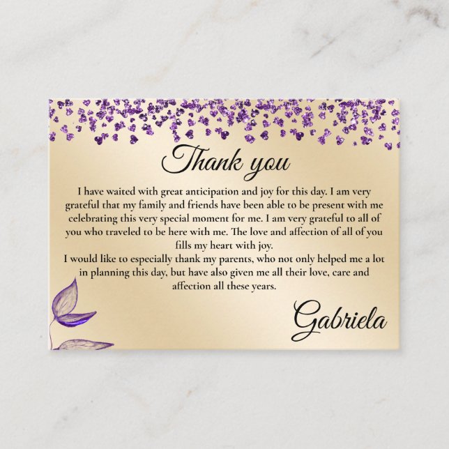 Tarjeta De Recepción Quinceañera bilingüe Gracias - Gracias Favor (Anverso)