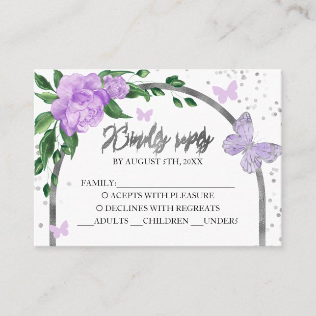Tarjeta De Recepción Quinceanera Butterflys Lavender Rubor Gown (Anverso)