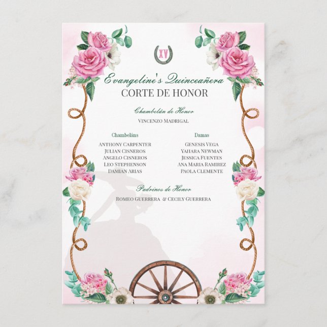 Tarjeta De Recepción Quinceanera Corte de Honor Rosa Emerald Green (Anverso)
