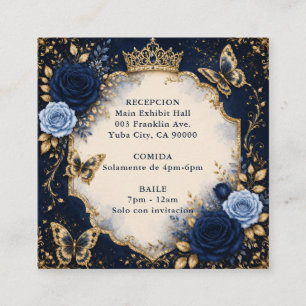 Tarjeta De Recepción Quinceañera de mariposa floral dorada naval
