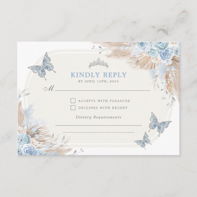 Tarjeta De Recepción Quinceanera de plata azul Mi Quince 15 Anos RSVP (Anverso)