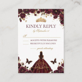 Tarjeta De Recepción Quinceañera Emerald Gold Burgundy Roses Princess