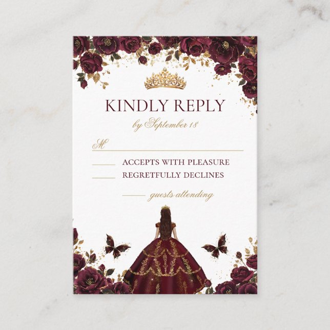 Tarjeta De Recepción Quinceañera Emerald Gold Burgundy Roses Princess (Anverso)