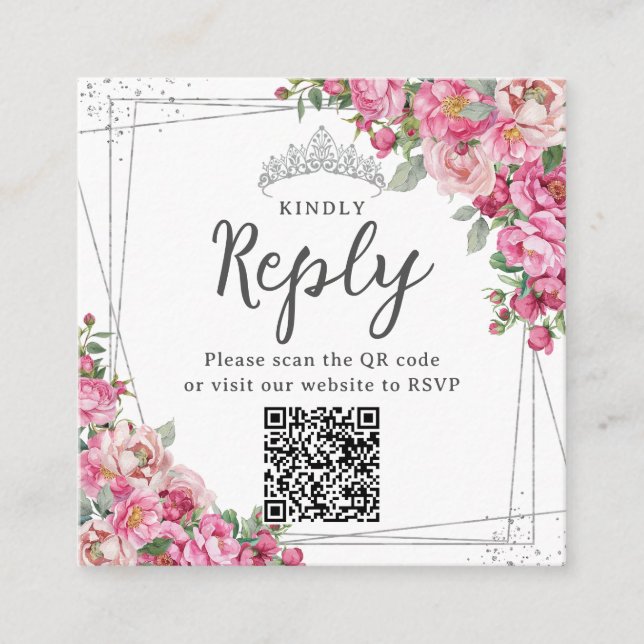 Tarjeta De Recepción Quinceanera floral rosa Fuchsia dulce 16 RSVP QR (Anverso)