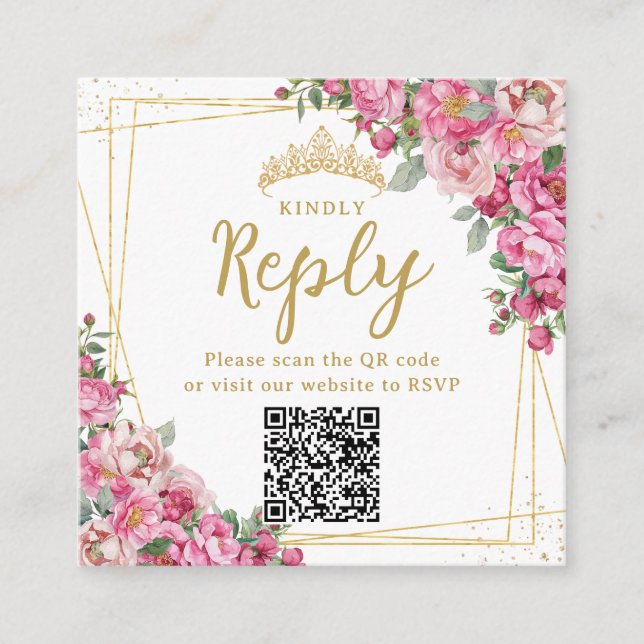 Tarjeta De Recepción Quinceanera floral rosa Fuchsia dulce 16 RSVP QR (Anverso)