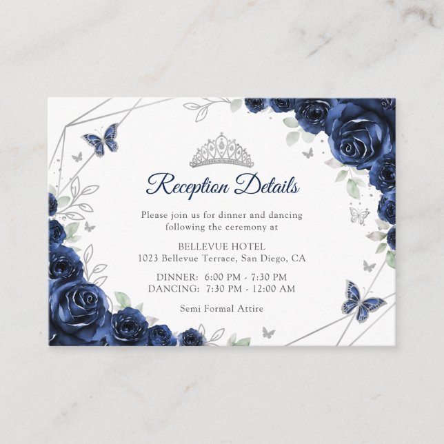 Tarjeta De Recepción Quinceanera Navy Silver Floral Details (Anverso)
