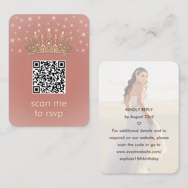 Tarjeta De Recepción Quinceañera Photo QR RSVP Rose Gold Crown Scan Me (Anverso / Reverso)