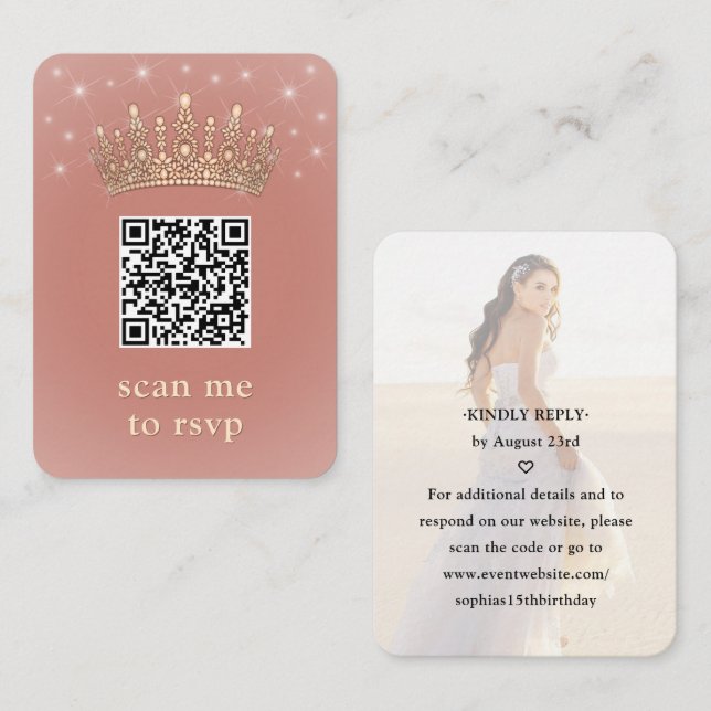 Tarjeta De Recepción Quinceañera Photo QR RSVP Rose Gold Crown Scan Me (Anverso / Reverso)