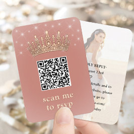 Tarjeta De Recepción Quinceañera Photo QR RSVP Rose Gold Crown Scan Me