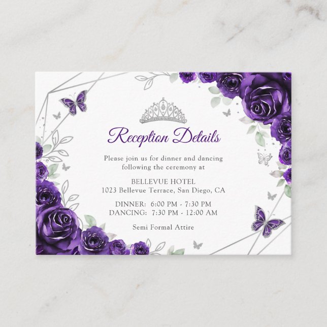 Tarjeta De Recepción Quinceanera Purple Silver Floral Details (Anverso)