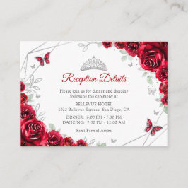 Tarjeta De Recepción Quinceanera Red Silver Floral Details