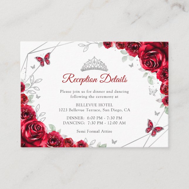 Tarjeta De Recepción Quinceanera Red Silver Floral Details (Anverso)