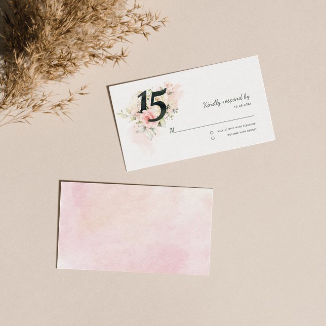 Tarjeta De Recepción Quinceanera rosa 15 cumpleaños Floral (15th Birthday Party Invitation RSVP Mini Card)