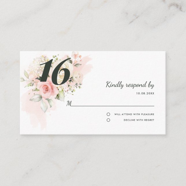 Tarjeta De Recepción Quinceanera rosa 16ª floral de cumpleaños (Anverso)