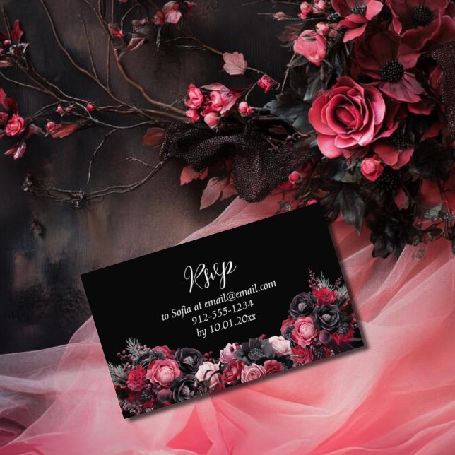 Tarjeta De Recepción Quinceañera rosa gótico rojo y negro (Gothic RSVP card for quinceañera in red, pink and black moody florals with butterflies)