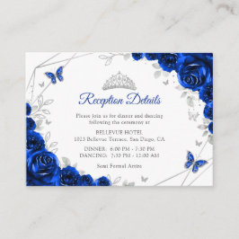 Tarjeta De Recepción Quinceanera Royal Blue Silver Floral Details