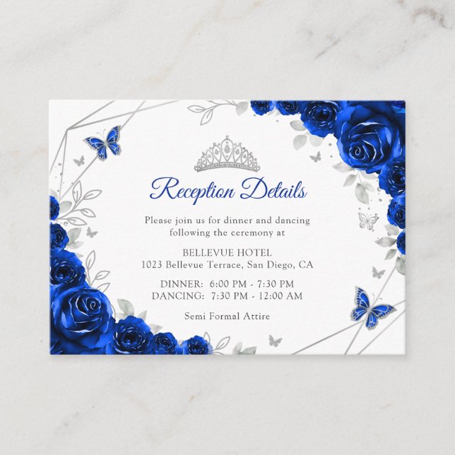 Tarjeta De Recepción Quinceanera Royal Blue Silver Floral Details (Anverso)