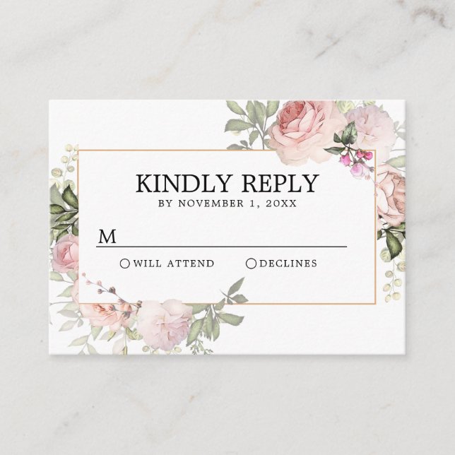 Tarjeta De Recepción Quinceanera RSVP con floral rosa de Rubor (Anverso)