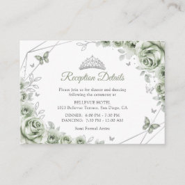 Tarjeta De Recepción Quinceanera Sage Green Silver Floral Details