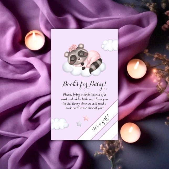 Tarjeta De Recepción Raccoon Baby Shower Lavender Books Para El Bebé (Raccoon Animal Girl Baby Shower Books For Baby Enclosure Card)