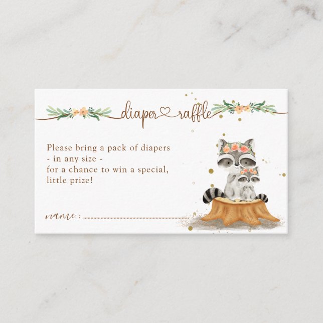 Tarjeta De Recepción Raccoon Baby Shower New Mommy Diaper Raffle (Anverso)
