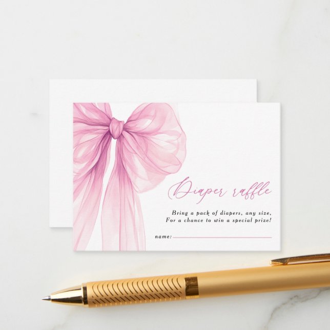 Tarjeta De Recepción Raffle Baby Shower Diaper Bow rosado moderno (Anverso/Reverso In Situ)