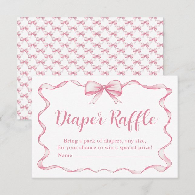 Tarjeta De Recepción Raffle Baby Shower Diaper Chica Ribbon  Bow Rosado (Anverso / Reverso)