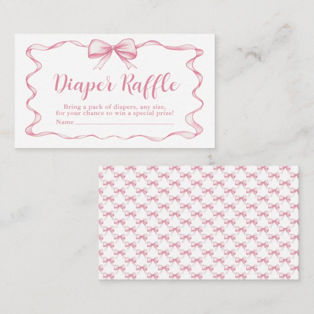 Tarjeta De Recepción Raffle Baby Shower Diaper Chica Ribbon  Bow Rosado (Anverso / Reverso)